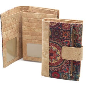 Carteira de cortiça natural com estampa de mandala em estilo étnico, carteira feminina grande e espaçosa com espaços para fotos e cartões