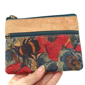 Natural cork coin purse with red and blue flower print and bee, three practical compartments with zip closure and key ring
