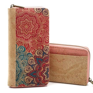 Portafoglio donna in sughero naturale in stampa etnica con mandala colorati, portafoglio con zip compatto e spazioso, con protezione RFID