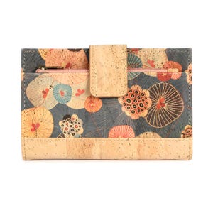 Cartera de corcho natural con estampado floral rosa y azul, cartera grande para mujer con mucho espacio para fotos y tarjetas