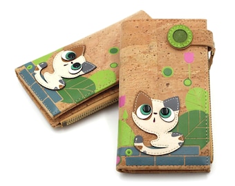 Schattige portemonnee met reliëf van een kitten, gemaakt van 100% natuurlijk veganistisch kurkleer, voor kattenliefhebbende vrouwen en meisjes!