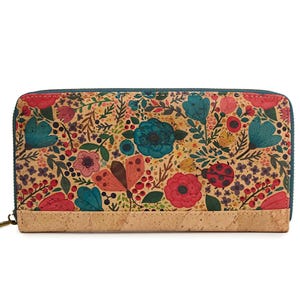 Cartera de corcho natural con estampado floral, ligera, compacta y espaciosa, con protección RFID