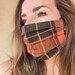 Plaid Face Mask Fall Autumn Orange and Green Lightweight Gingham stripe chic preppy feminine chic adjustable cotton washable fast ship