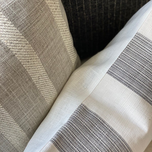 Designer stripe patten grey white black wide stripe and a white linen back block print - 24 x 24 | 22 x 22 | 20 x 20 | 14 x 20 Lena