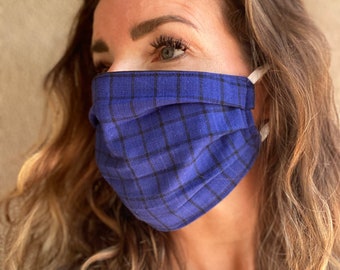 Blue plaid face mask fall autumn lightweight womens mens adjustable stripes tartan  two layer pleated cotton washable reusable mask