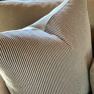 Designer black and white stripe pillow cover thin white stripe with flax linen 22 x 22 | 24 x 24 | 20 x 20 | 14 x 20 ticking stripe Kenneth