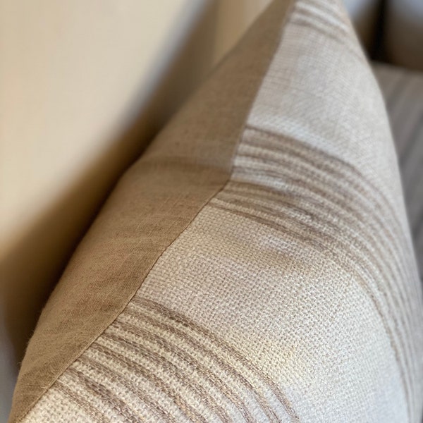 Designer stripe pattern pillow cream background with oatmeal stripe & flax linen block print- 24 x 24 | 22 x 22 | 20 x 20 | 14 x 20 Oakley