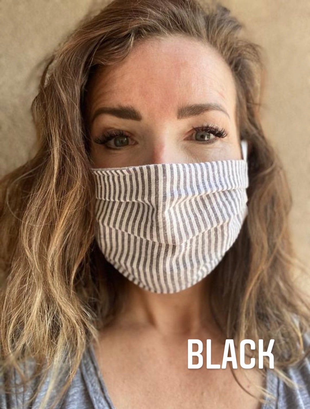 Stripe Face Mask Lightweight Adjustable Strap Seersucker Linen Striped