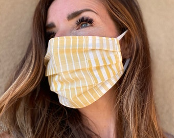 Seersucker Face mask Yellow stripe Lightweight Linen Cotton | Beach Washable Fast ship | Preppy | Adjustable