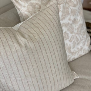 Designer subtle stripe cream and tan thin stripe and a white linen block print- 24 x 24 | 22 x 22 | 20 x 20 | 16 x 20 Evelyn