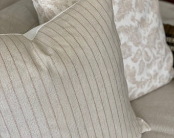 Designer subtle stripe cream and tan thin stripe and a white linen block print- 24 x 24 | 22 x 22 | 20 x 20 | 16 x 20 Evelyn