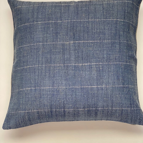 Designer blue stripe pillow cover thin white stripe with flax linen back denim block print 22 x 22 | 24 x 24 | 20 x 20 | 14 x 20| Dunn