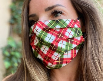 Red plaid Face Mask spring red black gold and green holiday Lightweight Tartan Gingham Check adjustable cotton washable fast ship