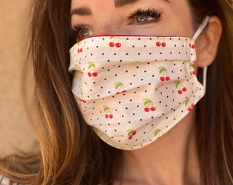 Cherry face mask spring Cherries fruit lemon avocado lime berry rockabilly- adjustable strap Made in USA two layer cotton washable fast ship