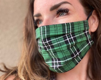Scottish face mask tartan clan adjustable ear elastic beads Lamont highland plaid madras Gingham Check Blue Green