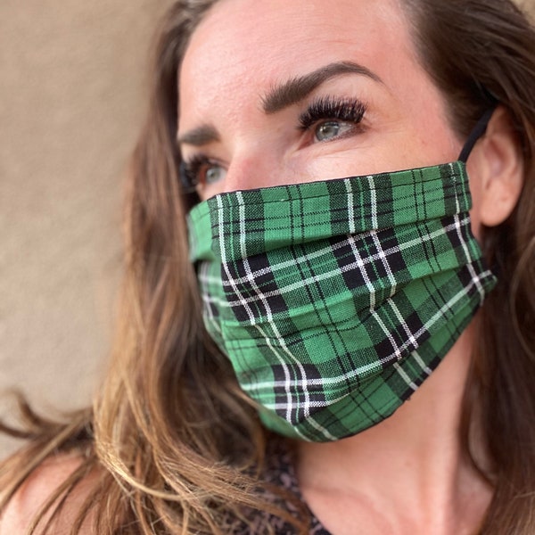 Scottish face mask tartan clan adjustable ear elastic beads Lamont highland plaid madras Gingham Check Blue Green