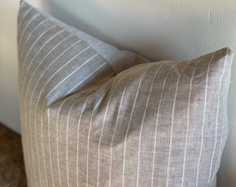 Designer linen stripe pillow cover thin white stripe oatmeal stripe with flax linen 22 x 22 | 24 x 24 | 20 x 20 | 14 x20 William