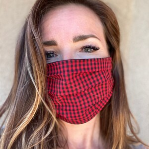 Gingham face mask Red and Black Lightweight Linen Summer Breathable Washable Best fit guarantee Fast ship Preppy image 2