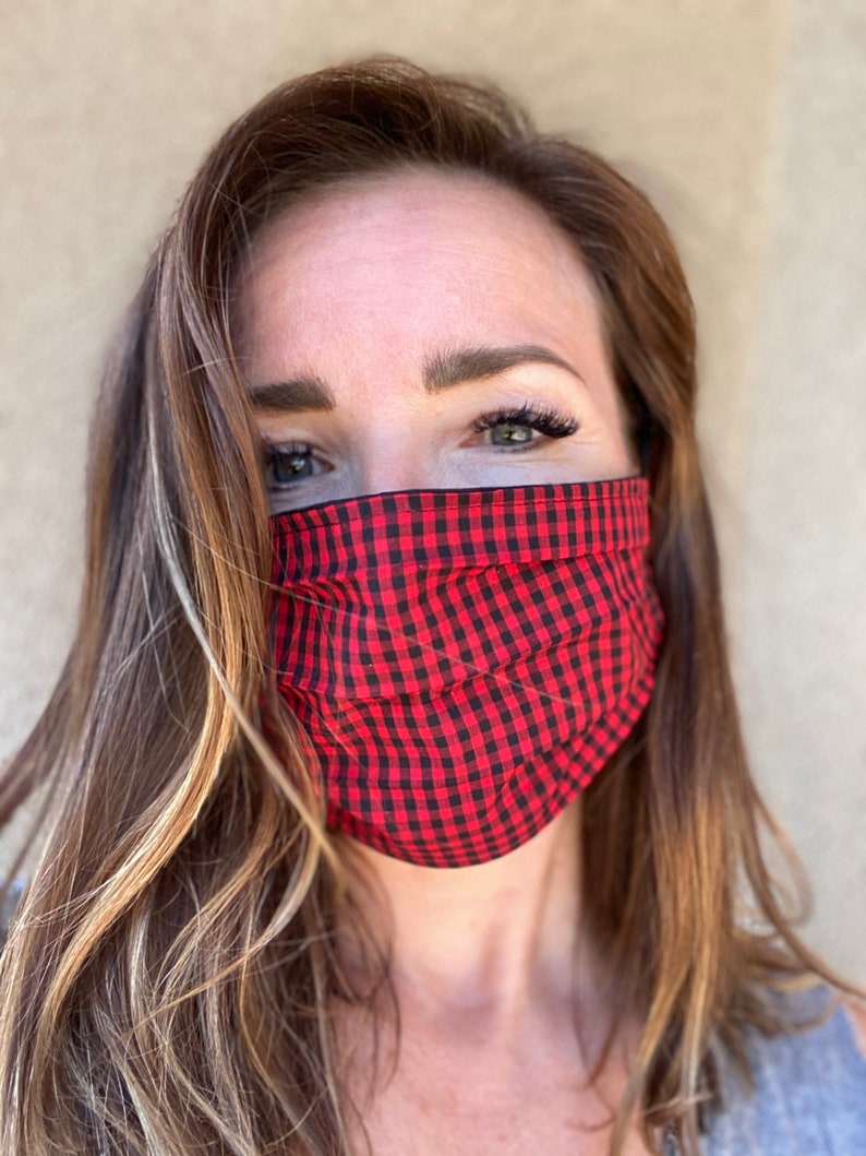 Gingham face mask Red and Black Lightweight Linen Summer Breathable Washable Best fit guarantee Fast ship Preppy image 2