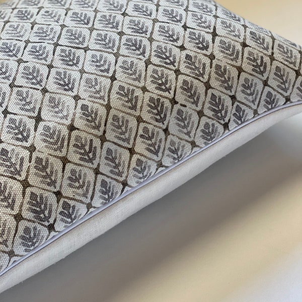 Designer leaf pattern small pattern blue grey pattern pillow and white linen block print- 24 x 24 | 22 x 22 | 20 x 20 | 14 x 20 Sheila