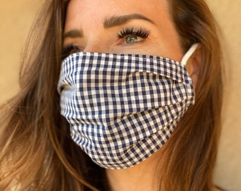 Gingham face mask Blue Lightweight Linen Summer Breathable | Washable | Best fit guarantee | Fast ship | Preppy | Lightweight