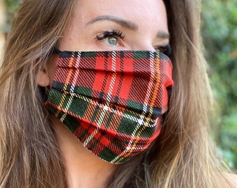 Red plaid tartan Face Mask winter Christmas or Holiday red and green Lightweight Tartan Gingham Check adjustable cotton washable fast ship