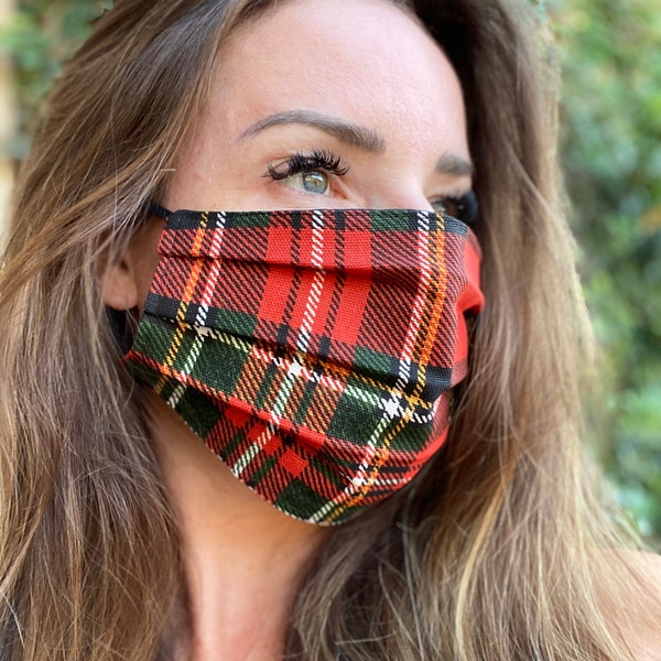 Red plaid tartan Face Mask winter Christmas or Holiday red and green Lightweight Tartan Gingham Check adjustable cotton washable fast ship