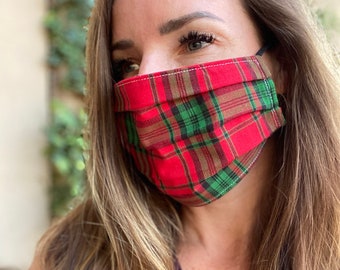 Face Mask Fall spring Red and Green Lightweight Gingham stripe chic preppy feminine chic adjustable cotton washable fast ship