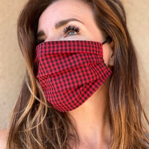 Gingham face mask Red and Black Lightweight Linen Summer Breathable Washable Best fit guarantee Fast ship Preppy image 1