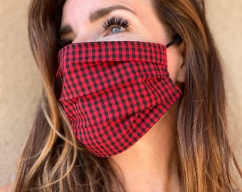 Gingham face mask Red and Black Lightweight Linen  Summer Breathable | Washable | Best fit guarantee | Fast ship | Preppy |