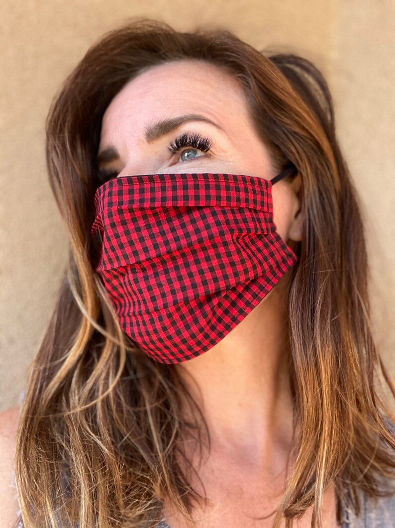 Gingham face mask Red and Black Lightweight Linen Summer Breathable Washable Best fit guarantee Fast ship Preppy image 1