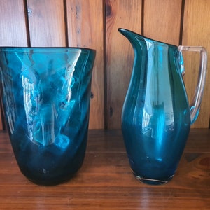Vintage Whitefriars aquamarine glass jug and vase. Sparrow&#39;s beak jug and writhen vase.