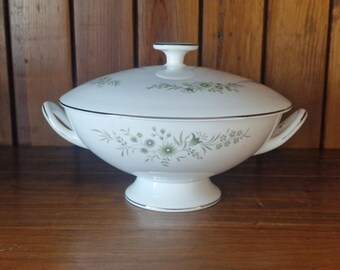 Vintage Westwood Westbury Bone China Tureen: Green Floral, Silver Accent