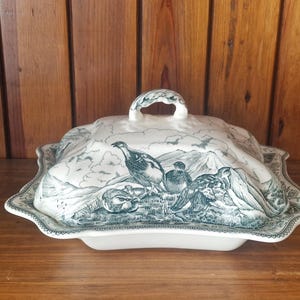 May include: A white and teal ceramic serving dish with a lid. The dish features a detailed illustration of birds and mountains. The lid has a curved handle. The dish is on a wooden surface.