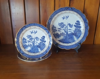 Vintage Booths Real Old willow Plates. Blue and white with gold detailing and edging.