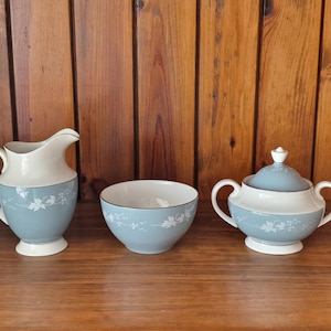 Vintage Royal Doulton Reflection Milk Jug / Creamer and Sugar Bowls. Blue and white with silver detailing.