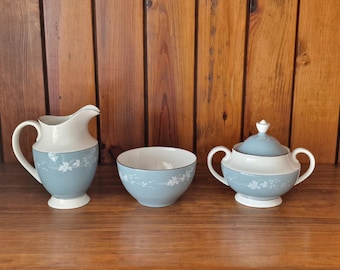 Vintage Royal Doulton Reflection Milk Jug / Creamer and Sugar Bowls. Blue and white with silver detailing.