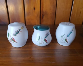 Vintage Denby Greenwheat cruet sets. Salt and Pepper shakers and mustard pot. Various combinations available.