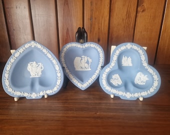 Vintage Wedgwood blue Jasperware pin trays. Various shapes, Heart, Spade, Club.