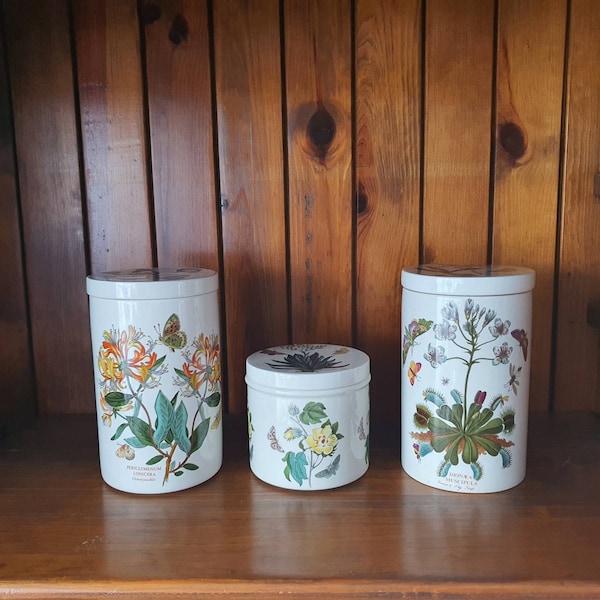 Vintage Portmeirion Botanic Garden Storage Jars by Susan Williams Ellis. With ceramic lids.  Honeysuckle, Venus Fly Trap and Cottonflower.