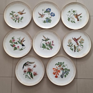 May include: Set of eight white ceramic plates with gold trim, each featuring a different hummingbird species with colorful flowers and foliage.