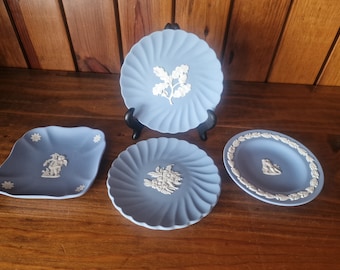 Vintage Wedgwood blue Jsperware pin trays. Various designs.