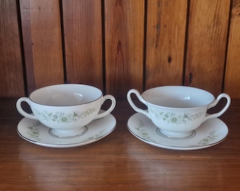 Vintage Wedgwood Westbury Soup Bowl and Saucer Set: Green Floral Bone China
