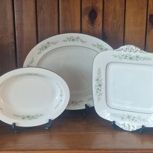 Vintage Westwood Westbury R4410 pattern bone china serving items. Oval Platter, Oval serving bowl and square cake plate.discontinued pattern