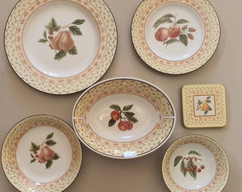 Selection of  vintage Johnson Brothers Fruit Sampler Pattern plates, dishes and coasters.