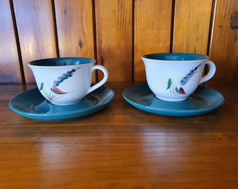 Vintage Denby Greenwheat cups and saucers. Popular pattern made from 1950s until 1970s.