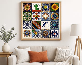 Mexican Talavera Tile Wall Art Print – 4x4 Collage | Digital Download | Real Tile Photography | Colorful Boho Decor
