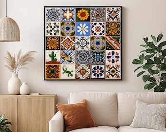 Mexican Talavera Tile Wall Art Print – 5x5 Collage | Digital Download | Real Tile Photography | Colorful Boho Decor
