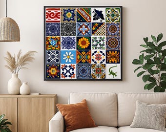 Colorful Mexican Talavera Tile Wall Art Print – 5x5 Collage | Digital Download | Real Tile Photography | Boho Decor