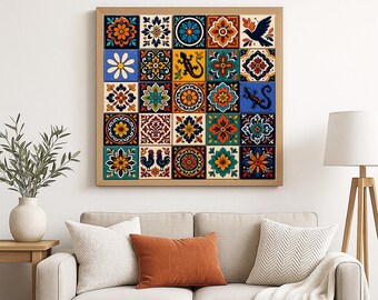 Mexican Talavera Tile Wall Art Print – 5x5 Collage | Digital Download | Real Tile Photography | Colorful Boho Decor